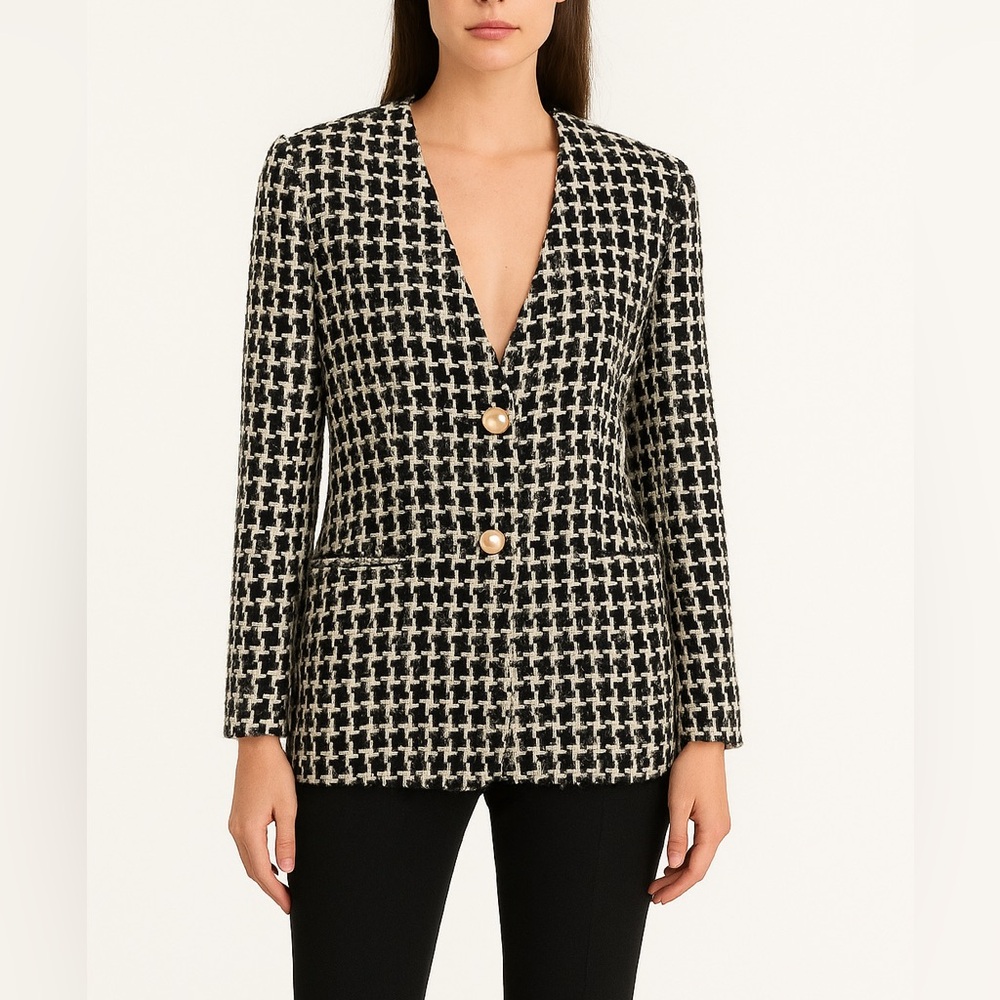 Valerie Stevens Vintage wool tweed blazer V-neck houndstooth pearl buttons chic